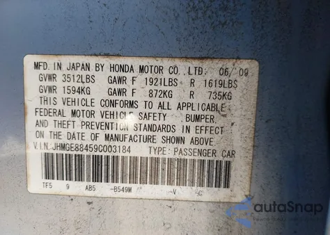 2009 Honda Fit Sport from USA, damaged, VIN JHMGE88459C003184